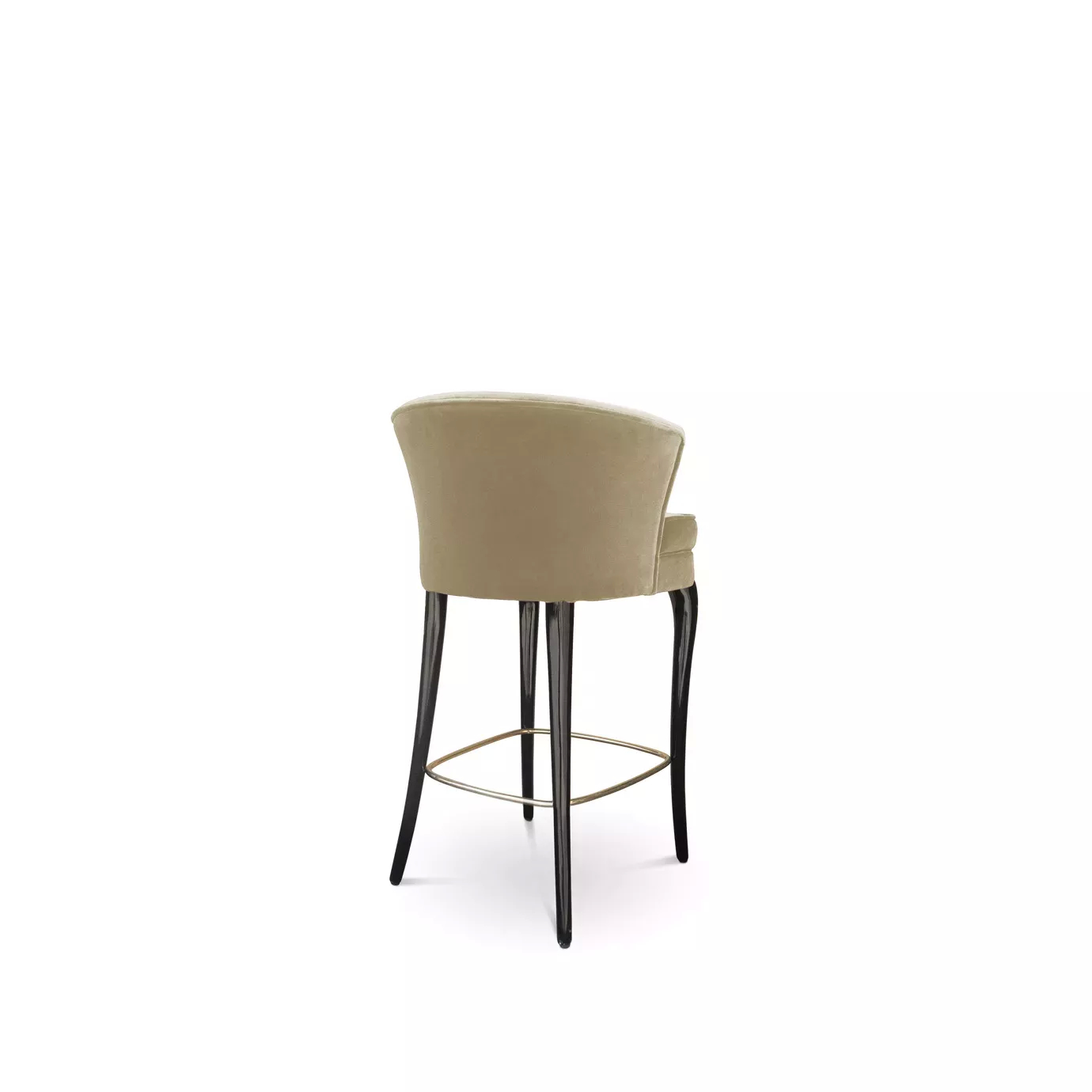 45-degree back view of the Délice Counter Stool: showcasing its tan velvet upholstery, black legs, and golden footrest.