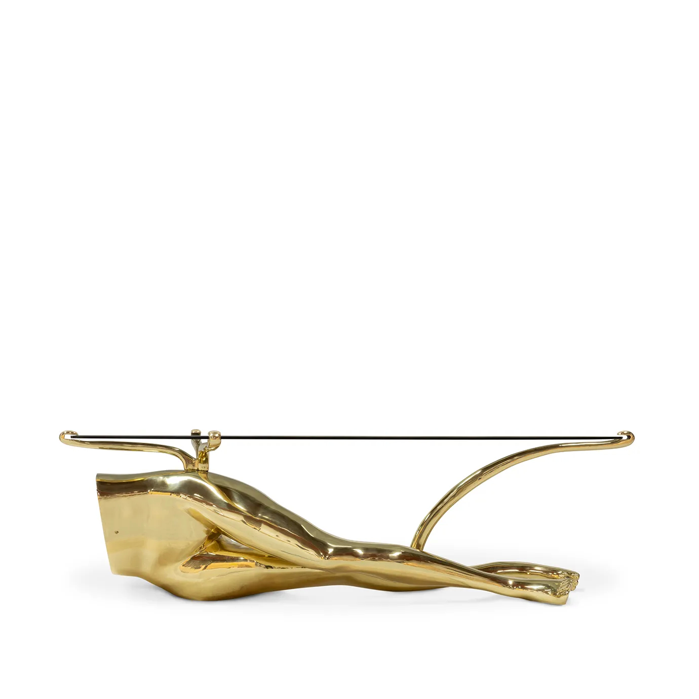 Tabu Polished Brass Coffee Table with a sleek glass top and a bold, human-like base in polished brass.