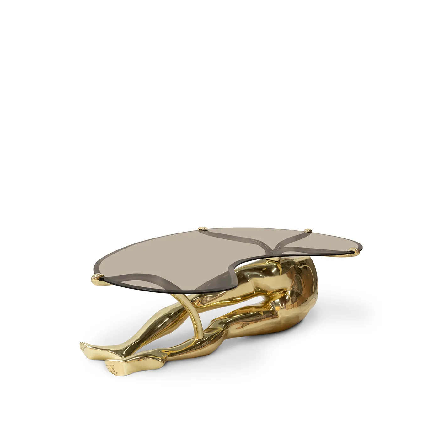 Tabu Polished Brass Coffee Table with a sleek glass top and human-like base in polished brass, slightly angled to highlight its bold design.