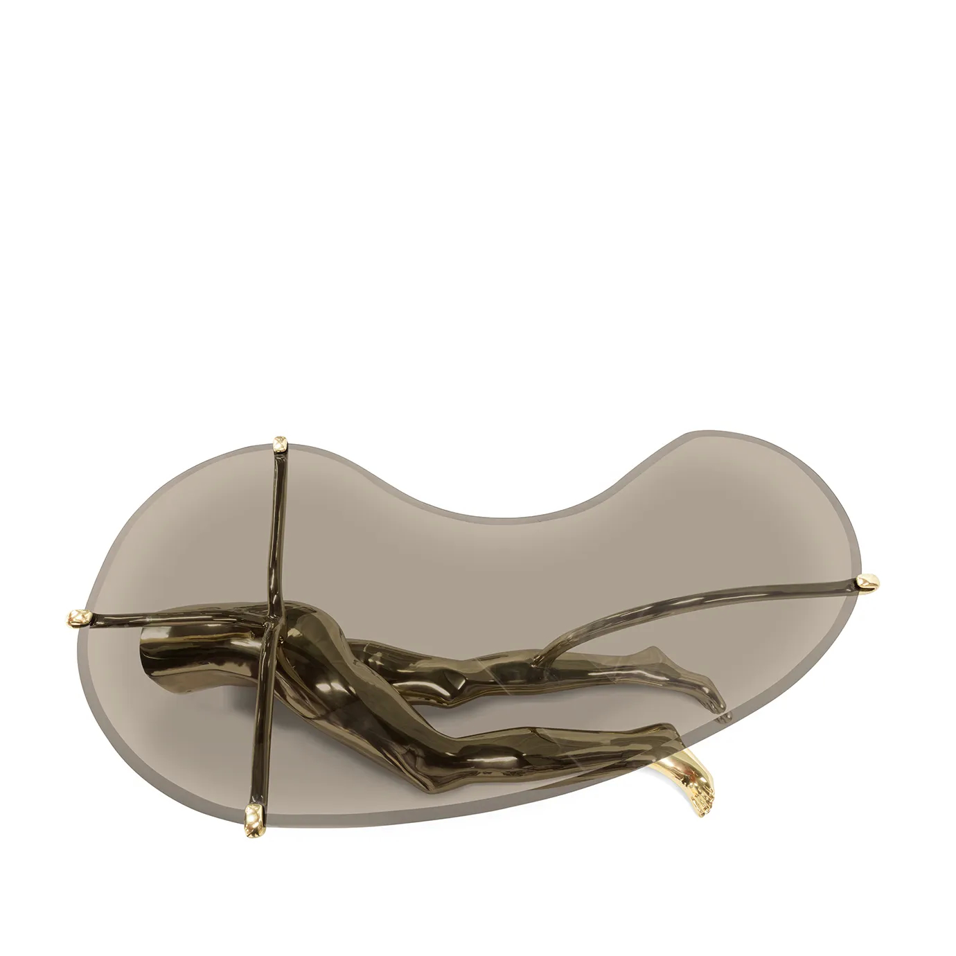 Tabu Polished Brass Coffee Table viewed from above, showcasing its glossy glass top and human-like base in polished brass.