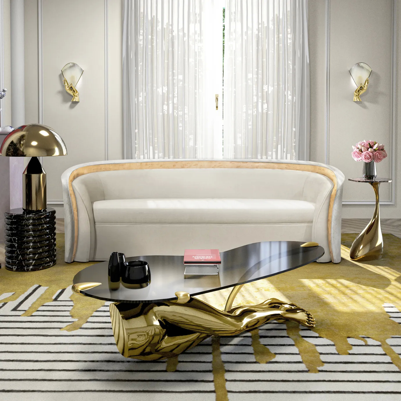 Tabu Polished Brass Coffee Table in a stylish living room, featuring a glossy glass top and human-like base in polished brass, styled with books and decor.