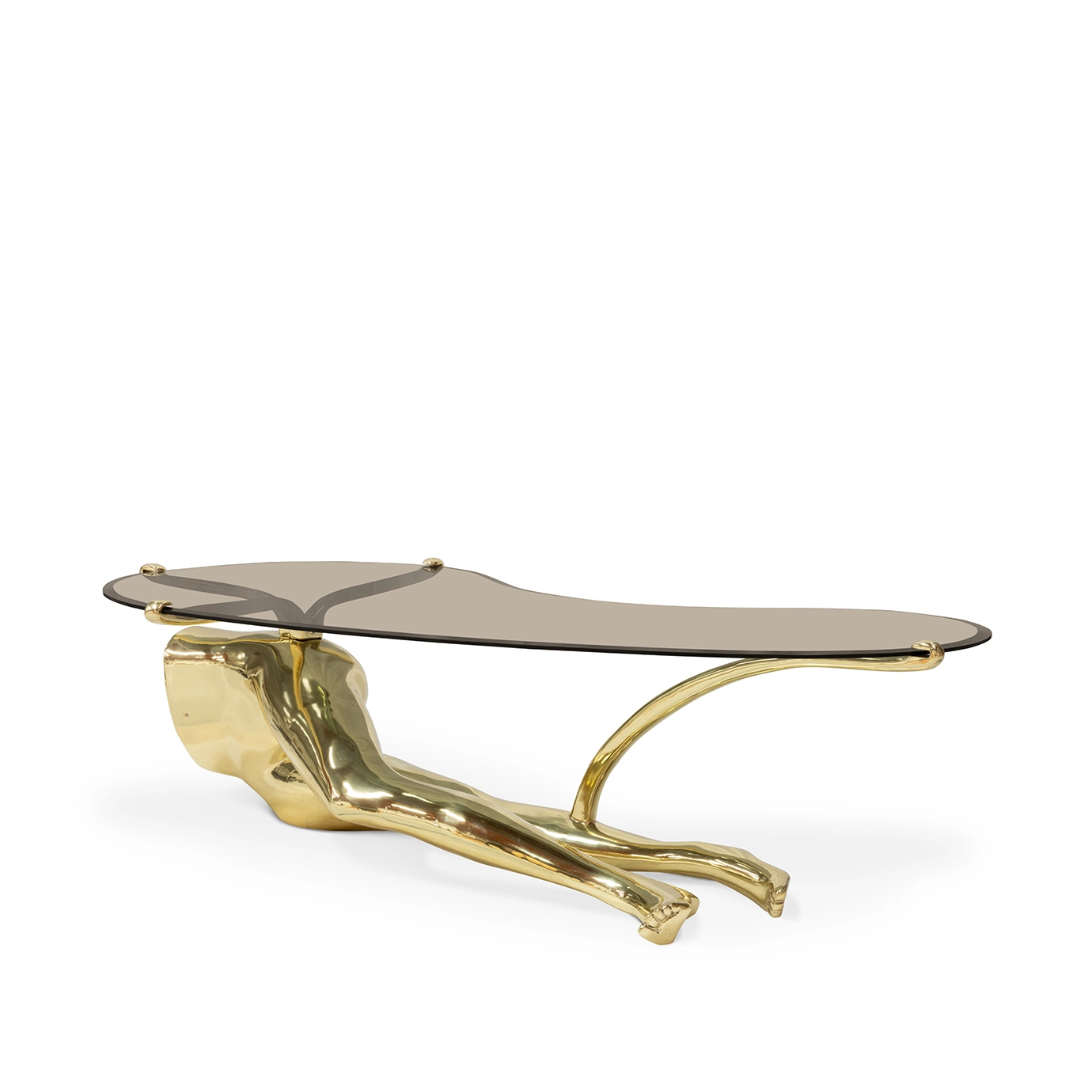 Tabu Polished Brass Coffee Table with a glossy black glass top and a striking human-like base, slightly angled to showcase its bold design.