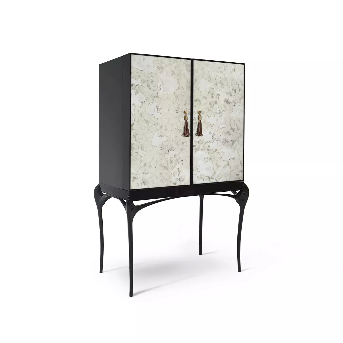 Temptation Aged Mirror Bar Cabinet with a sleek black frame, white marble facade, and gold tassel handles, slightly angled for a modern look.