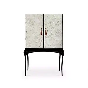 Temptation Aged Mirror Bar Cabinet: Tall black cabinet with aged mirror doors and tassel handles on curved legs.