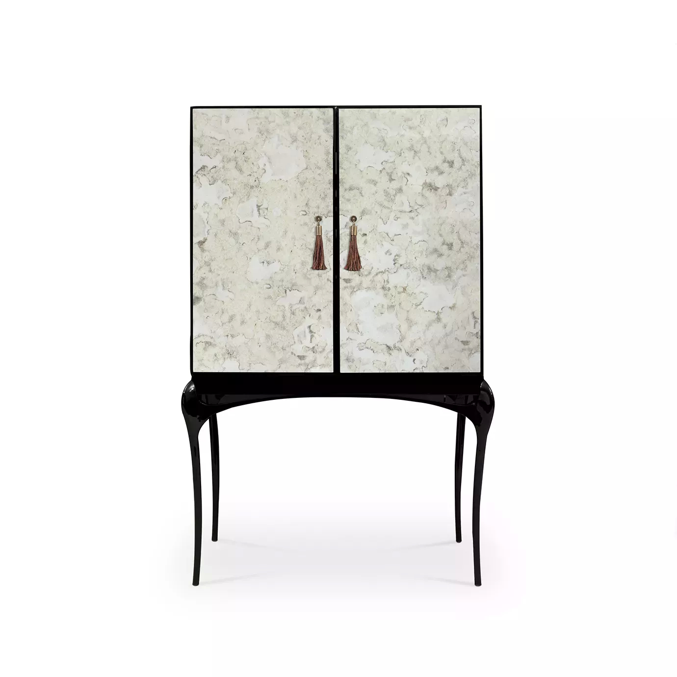 Temptation Aged Mirror Bar Cabinet: Tall black cabinet with aged mirror doors and tassel handles on curved legs.