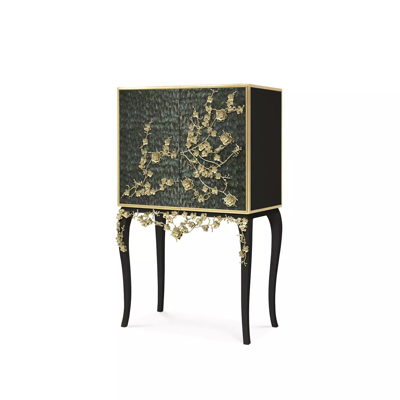 Slight turned vision of the Spellbound Peacock Feather Bar Cabinet, featuring a structure adorned in luxurious greenish peacock feathers, a golden  frame and golden flower-shaped details on its door elongating to its black base.