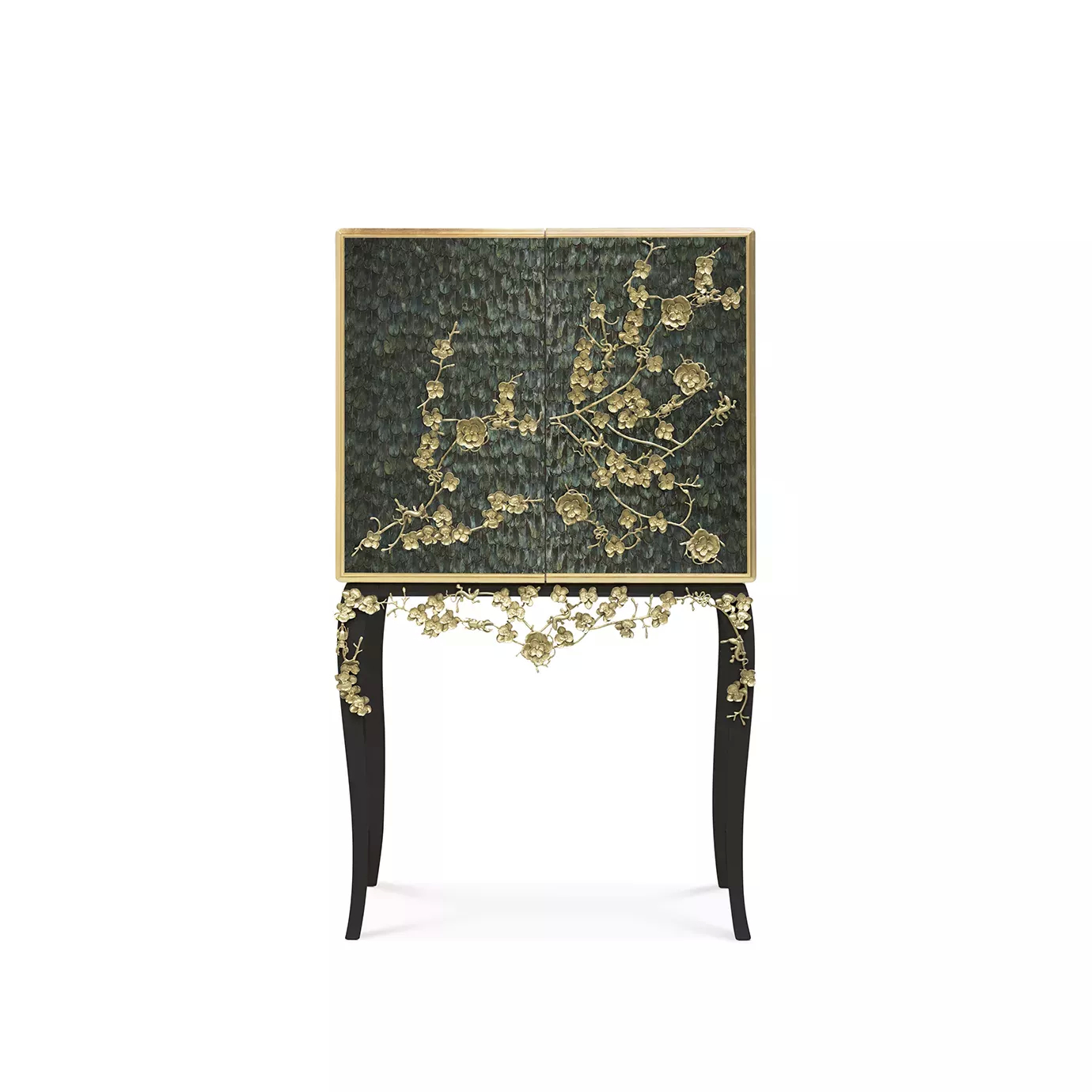 The Spellbound Peacock Feather Bar Cabinet’s structure is adorned with greenish peacock feathers ornamented with elegant golden flower-shaped details elongating to its black base.