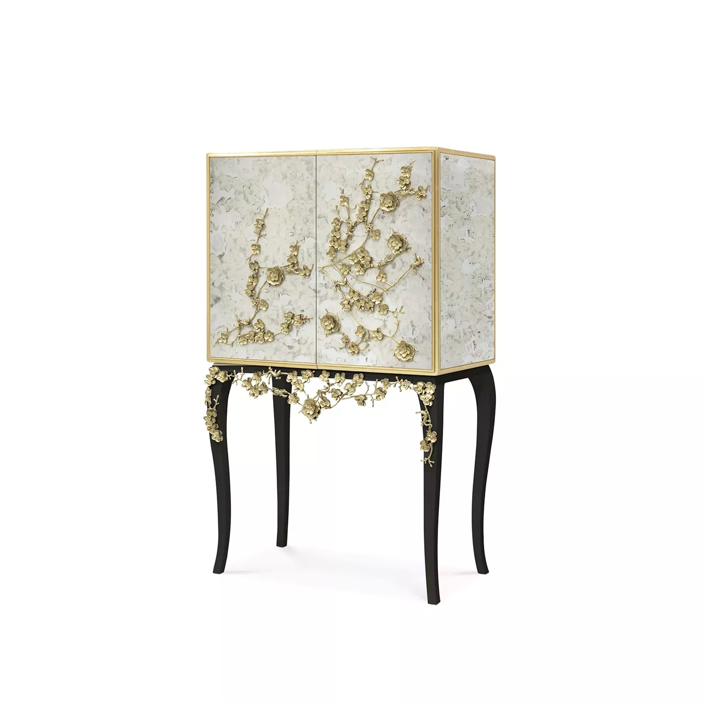 Slight turned vision of the Spellbound Aged Mirror Bar Cabinet, featuring a luxurious golden frame and golden flower-shaped details on its door elongating to its black base.