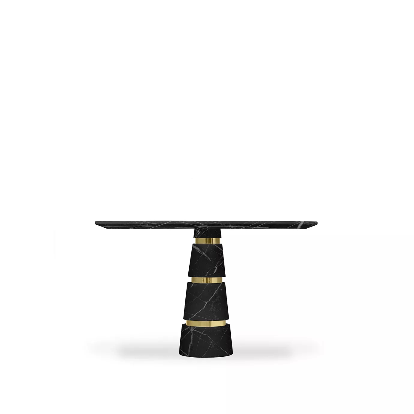 Avalanche Nero Marquina Marble Dining Table with a sleek black marble top and stacked base, accented with gold bands for a modern look.