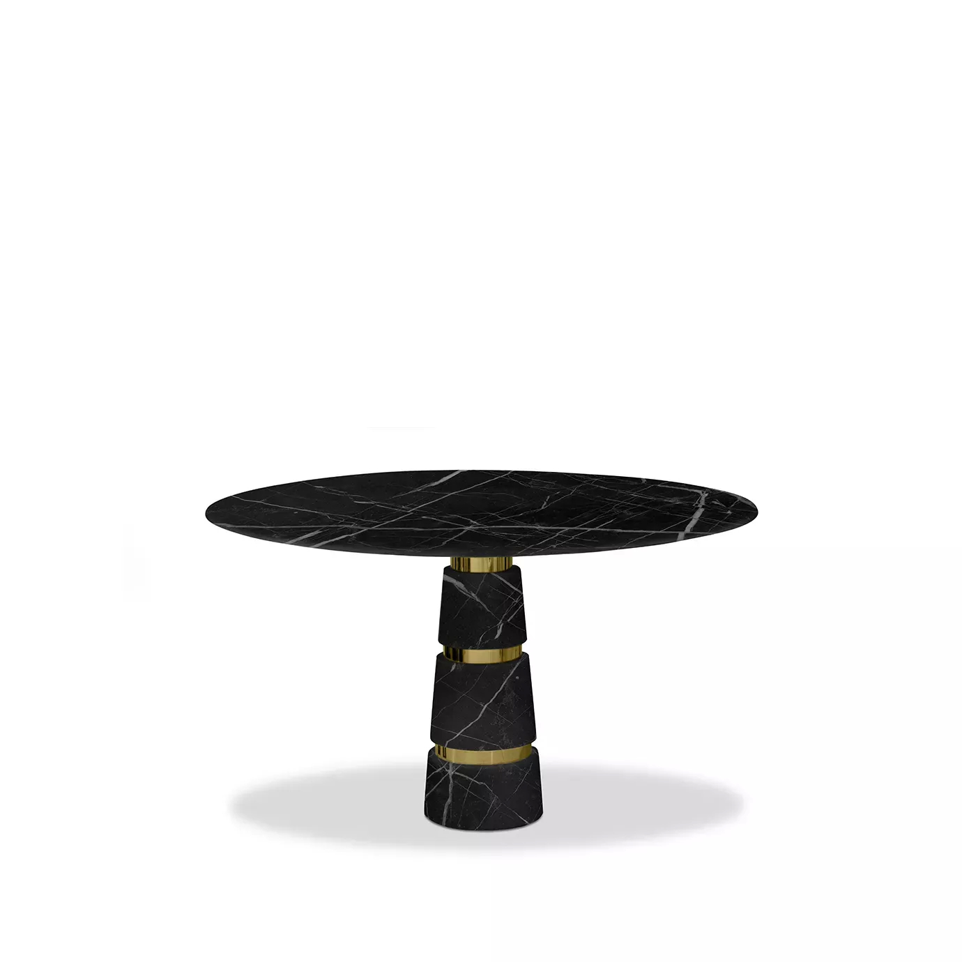 Avalanche Nero Marquina Marble Dining Table with a sleek black marble top and base, accented with gold bands for a modern touch.
