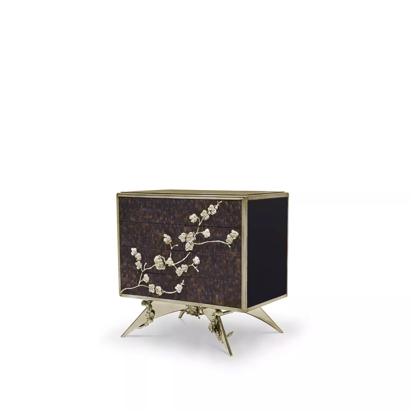 Spellbound Peacock Purple Feather Nightstand: Slight turned view of the nightstand, adorned with purple feathers featuring a floral motif metal lace, in golden shades, creating an elegant contrast with the structure.