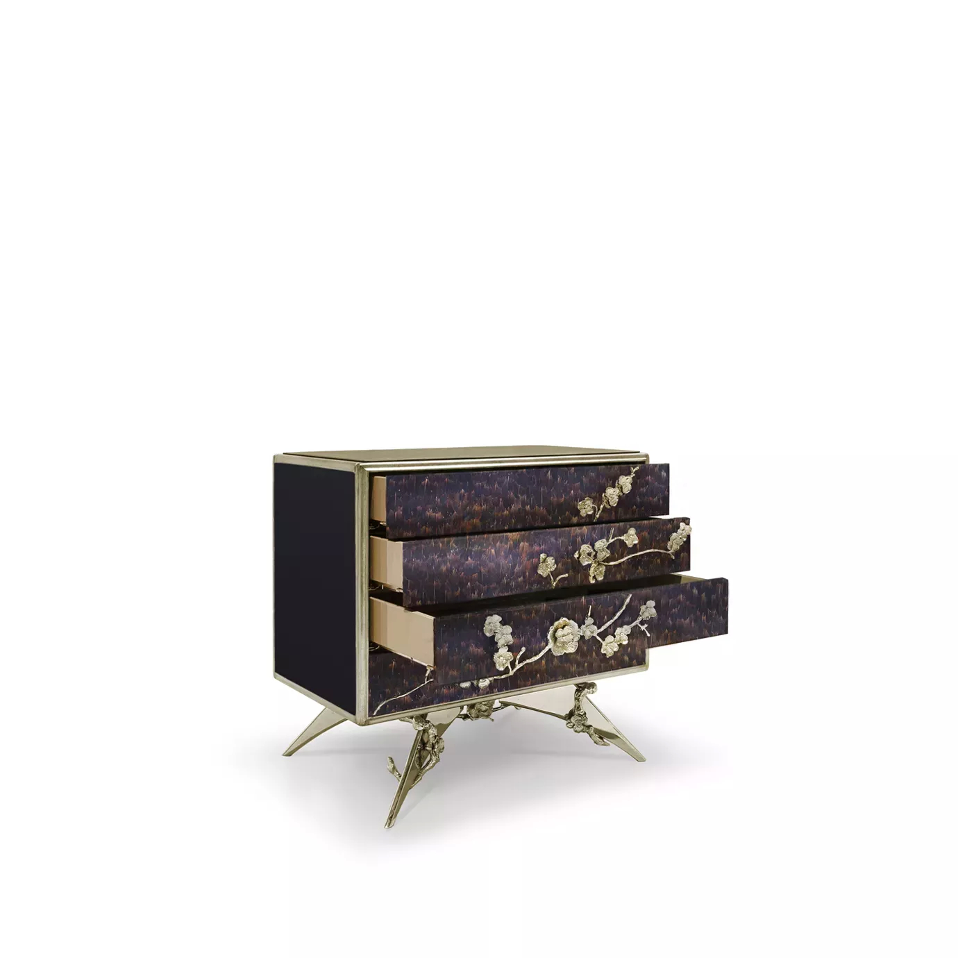 Slight turned view of the Spellbound Peacock Purple Feather Nightstand’s, showcasing its four drawers adorned with purple feathers, ornamented with elegant golden flower-shaped details.