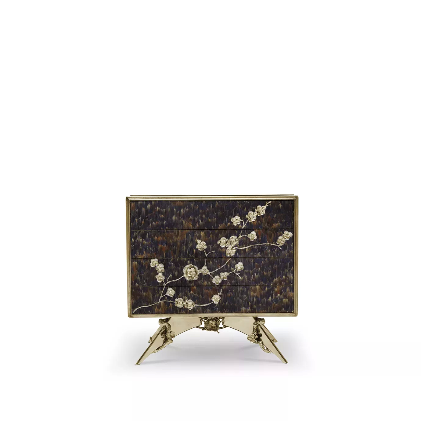 The Spellbound Peacock Purple Feather Nightstand’s structure is adorned with purple feathers ornamented with elegant golden flower-shaped details along the front of the four drawers.
