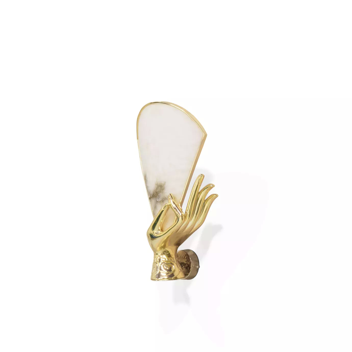 Muse Alabaster Sconce with a graceful, slightly angled design featuring a gold hand holding an alabaster shade.