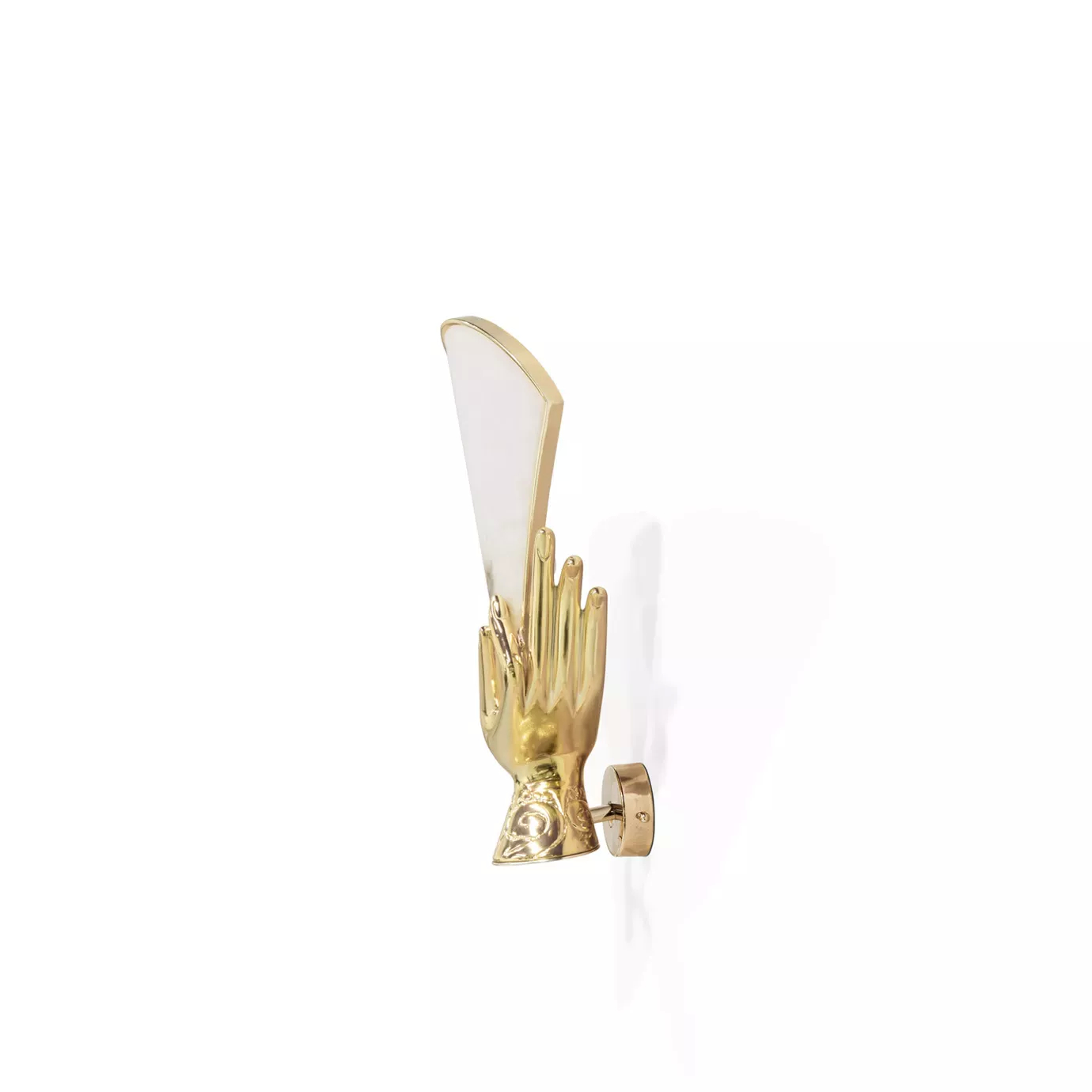 Muse Alabaster Sconce showcasing a side view with a gold hand elegantly holding an alabaster shade.