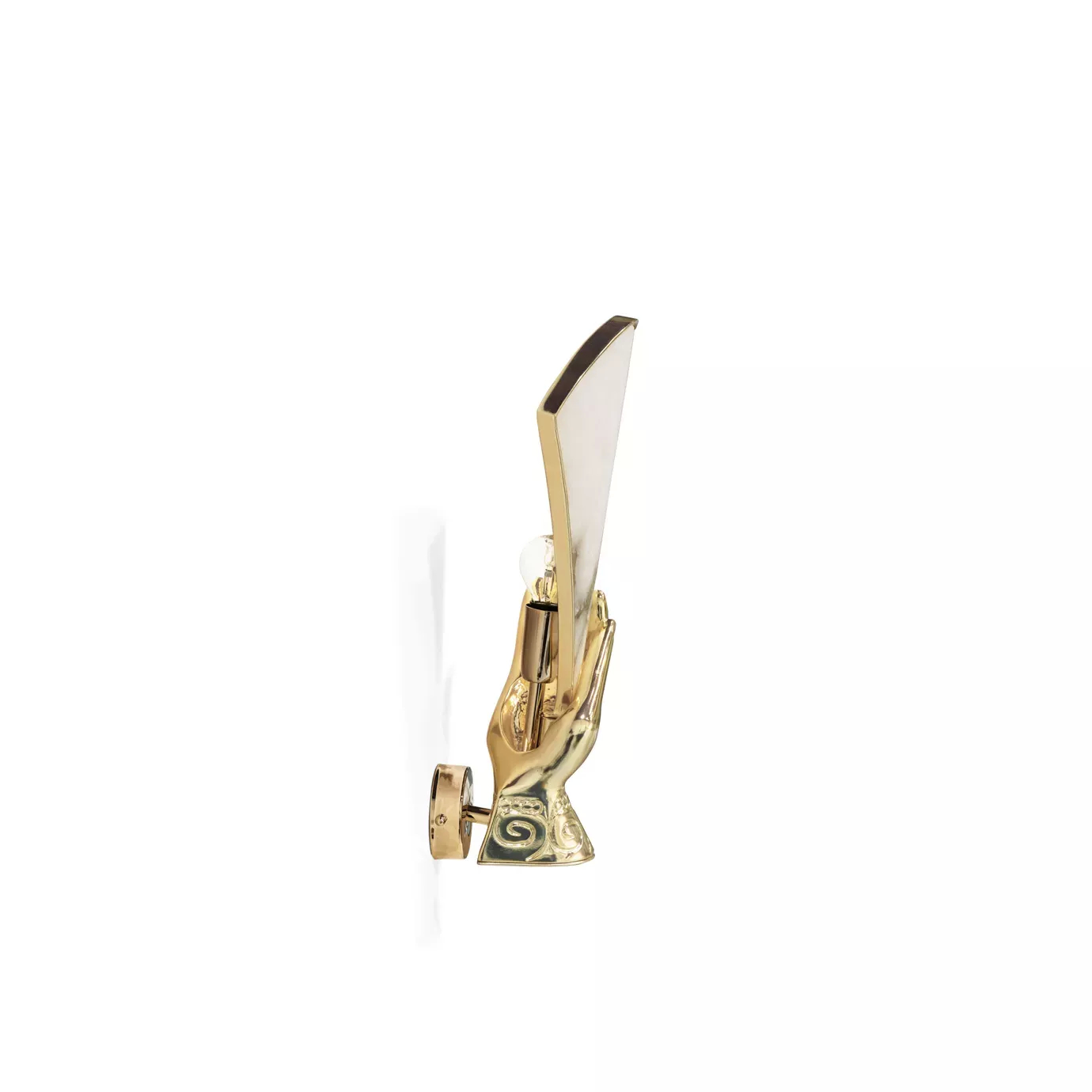 Muse Alabaster Sconce in side view, featuring a gold hand holding an alabaster shade with intricate detailing.