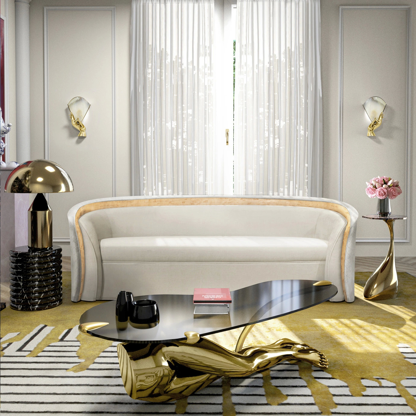 Two Muse Alabaster Sconces with gold hands and alabaster shades elegantly flank a modern living room sofa.