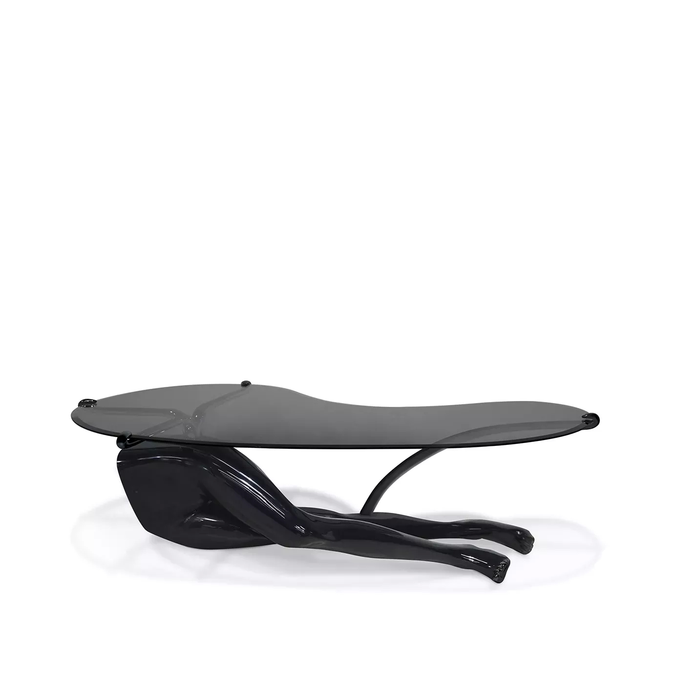 Tabu Lacquer Coffee Table featuring a sexy silhouette of a woman with a glossy black human-like base and sleek glass top.