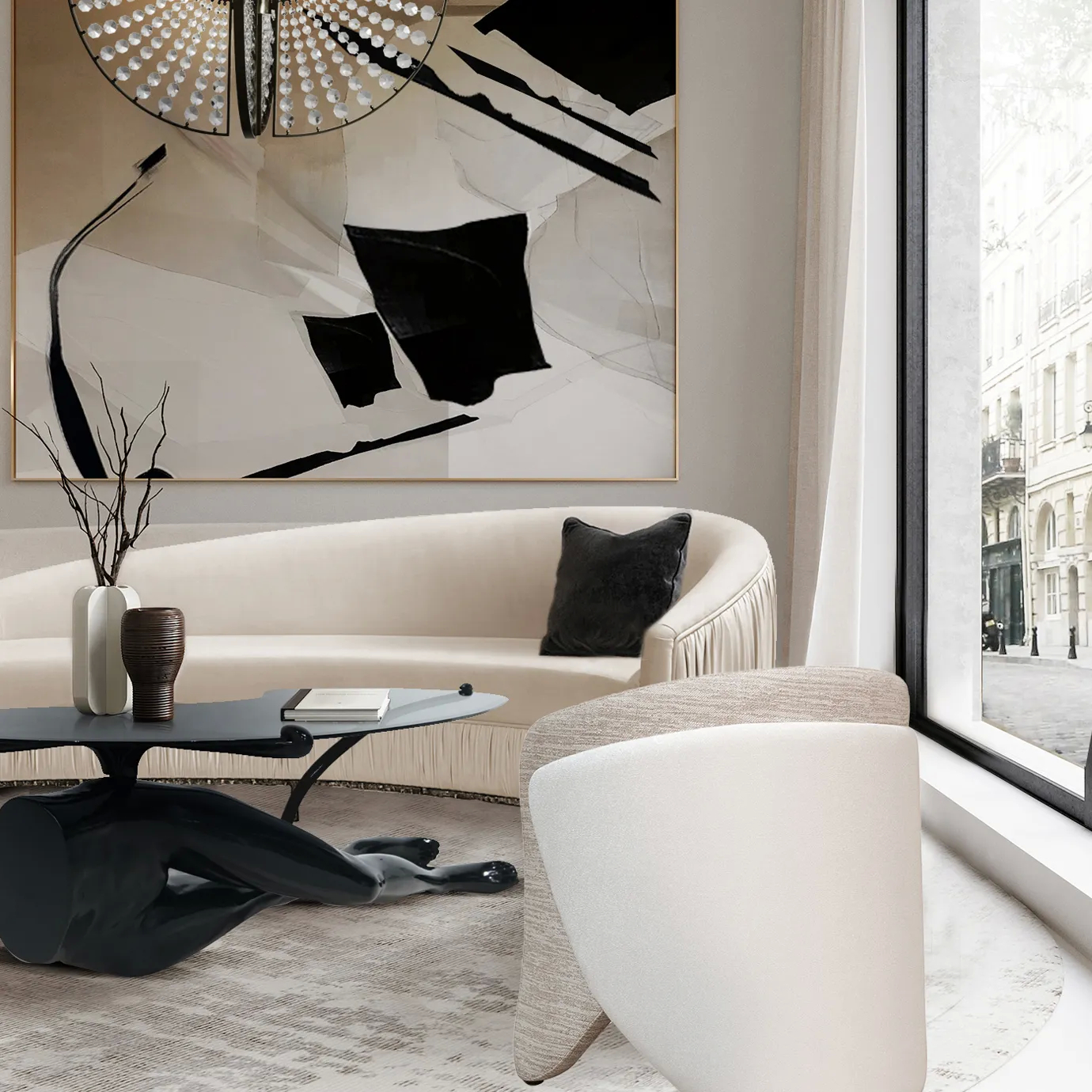 Tabu Lacquer Coffee Table with a sleek black glass top and glossy human-like base, styled in a modern living room.