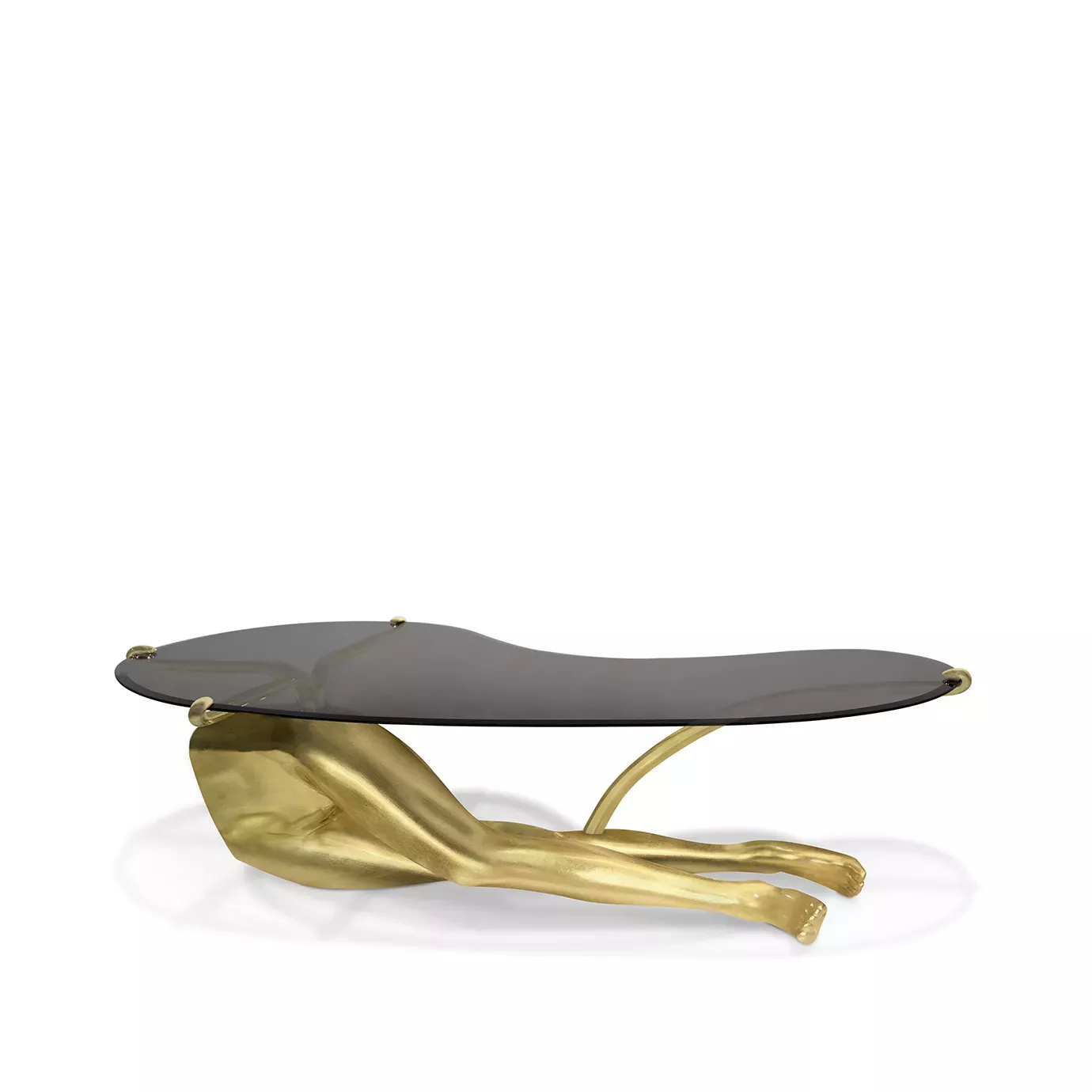 Tabu Gold Leaf Coffee Table with a unique human-like base and black glass top.