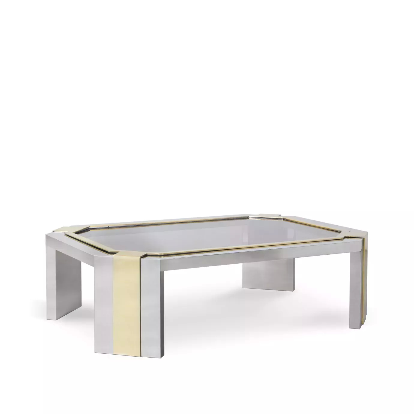 Minx Coffee Table with glass top and geometric stainless steel base with golden details.