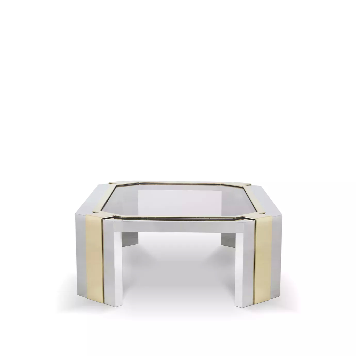 Elegant Minx Coffee Table with clear glass top and geometric stainless steel base with golden details.