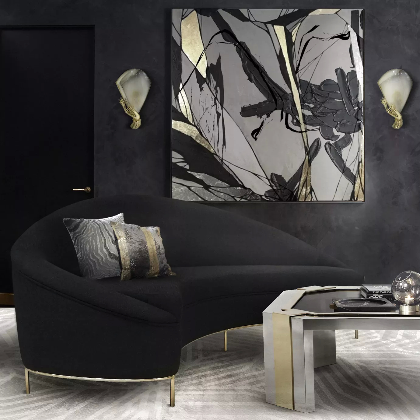 Luxurious living room with curved black sofa and Minx coffee table.