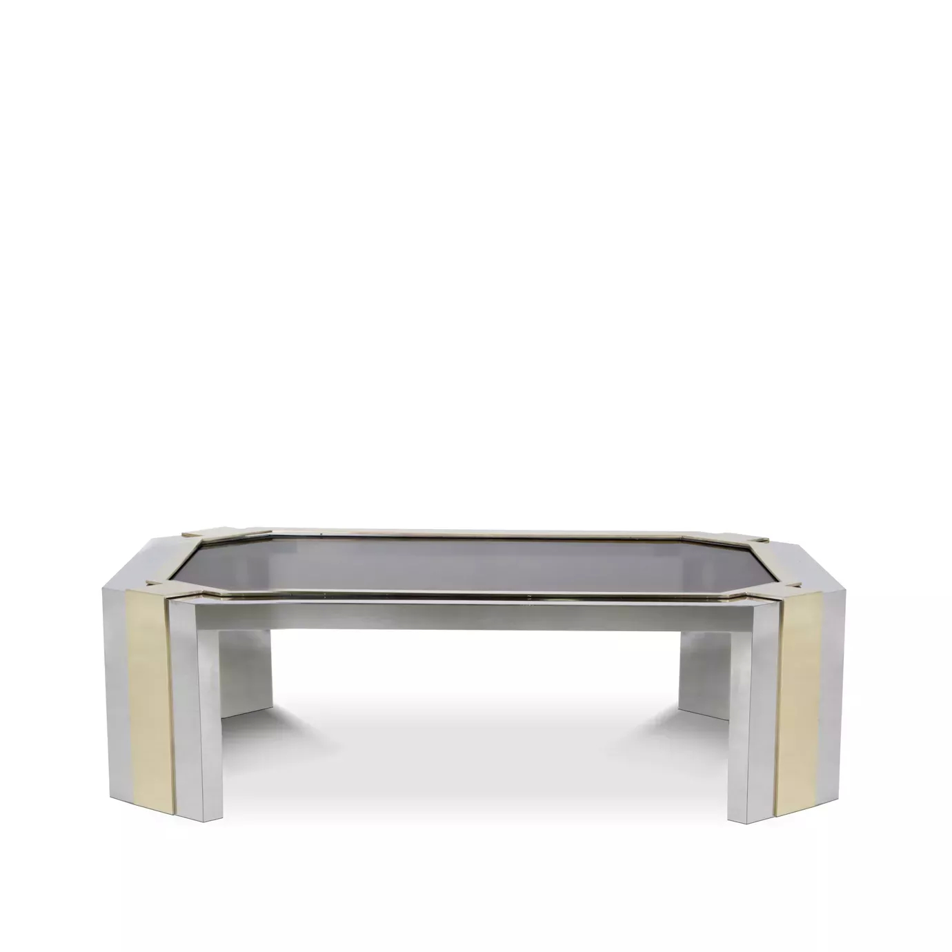 Minx Coffee Table with glass top and geometric stainless steel base with golden details.