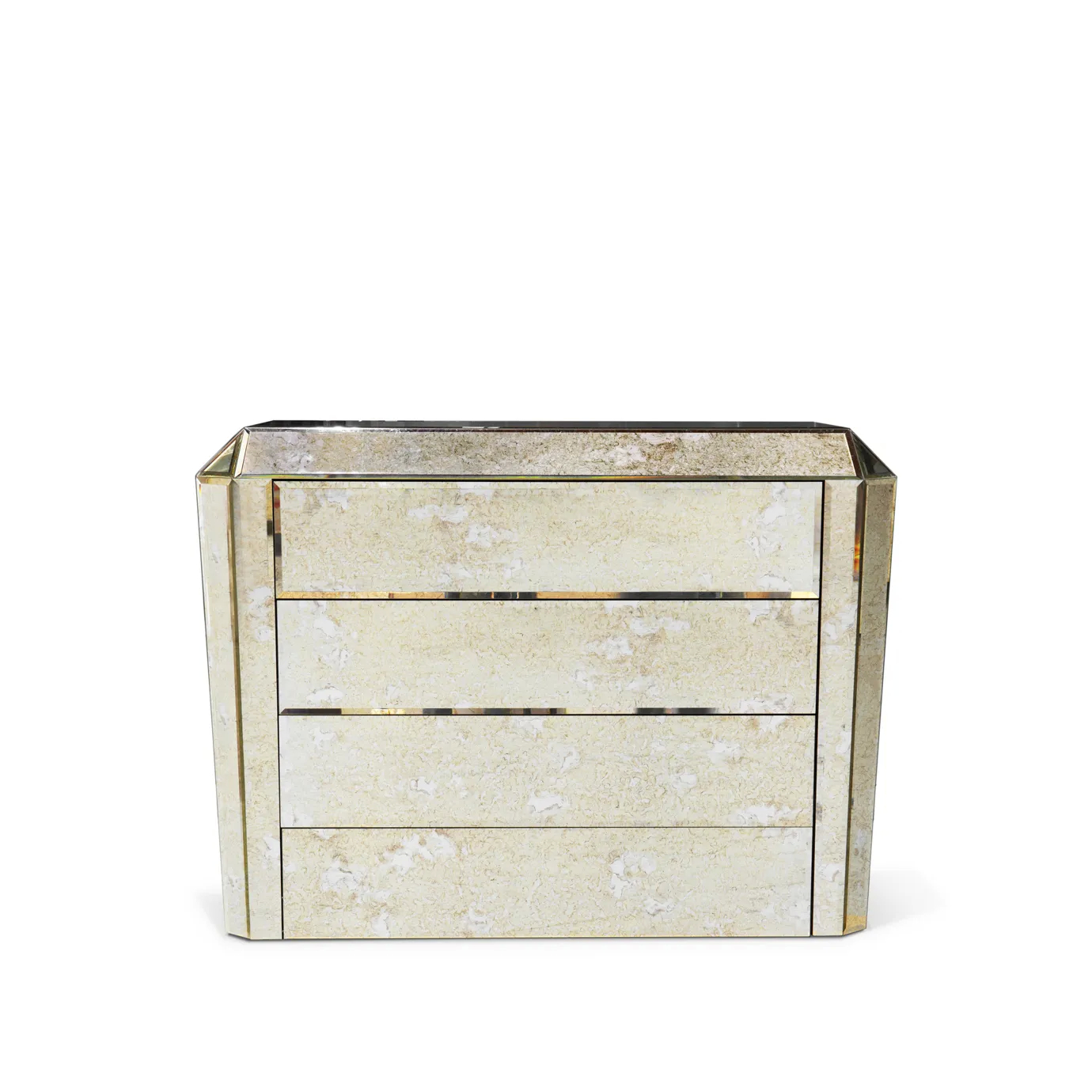 Side view of the glamorous Tamara Chest, featuring mirrored panels with a subtle antique finish and three spacious drawers. Its design adds a touch of elegance.