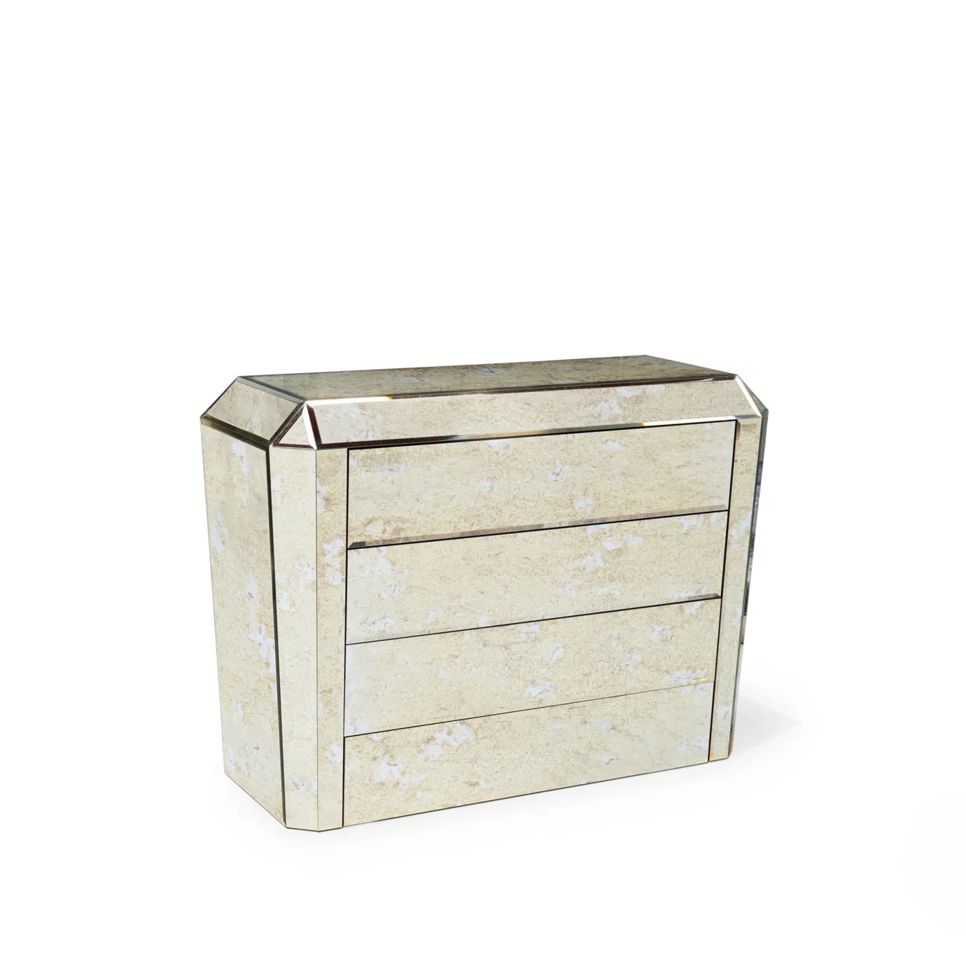 Elegant Tamara Chest featuring mirrored panels with a subtle antique finish. This slightly angled view highlights its sophisticated and glamorous design.