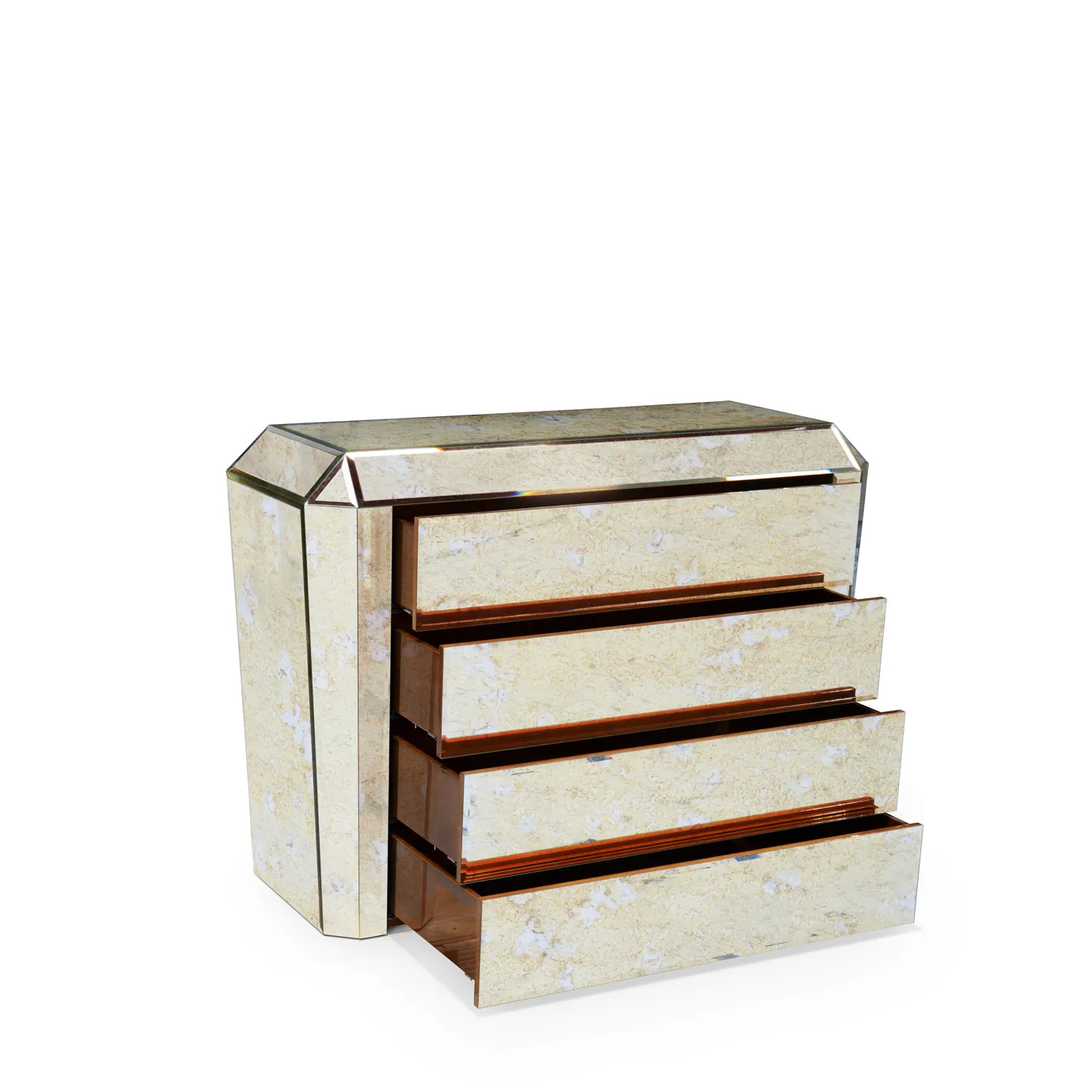 Glamorous Tamara Chest featuring mirrored panels with an antique finish. Three drawers are partially open, revealing their interior and the chest's elegant design.