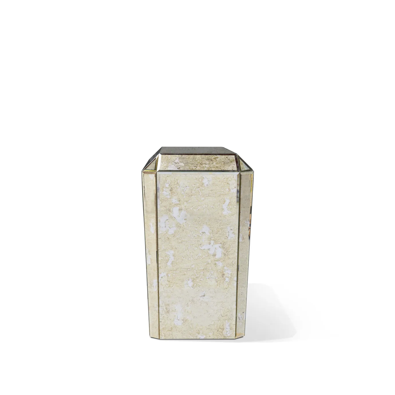 Side view of the Tamara Chest, a glamorous mirrored piece with an antique finish, showcasing its sleek, vertical design.