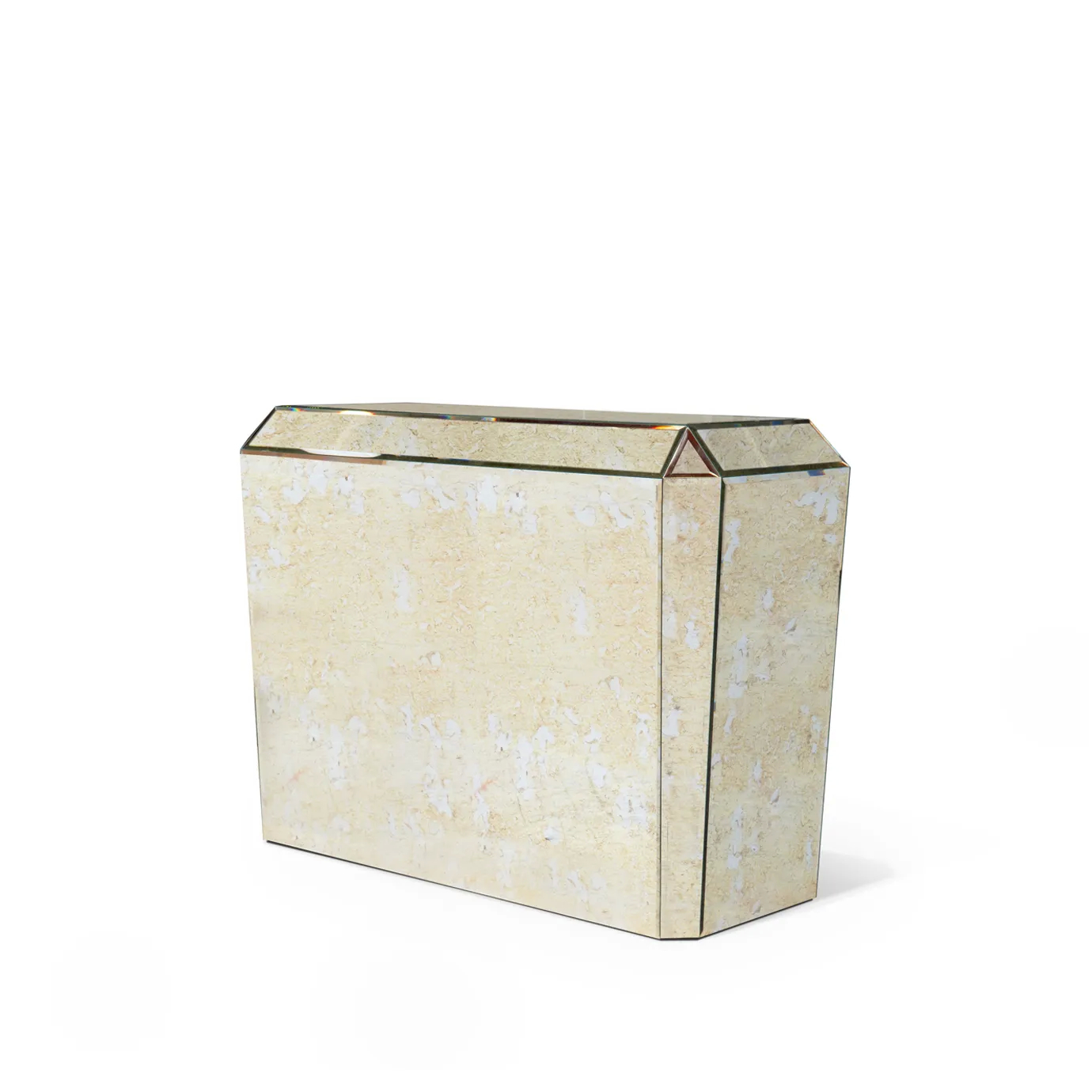 Slightly angled back view of the Tamara Chest, a mirrored piece with an antique finish, showing its unique geometric design.