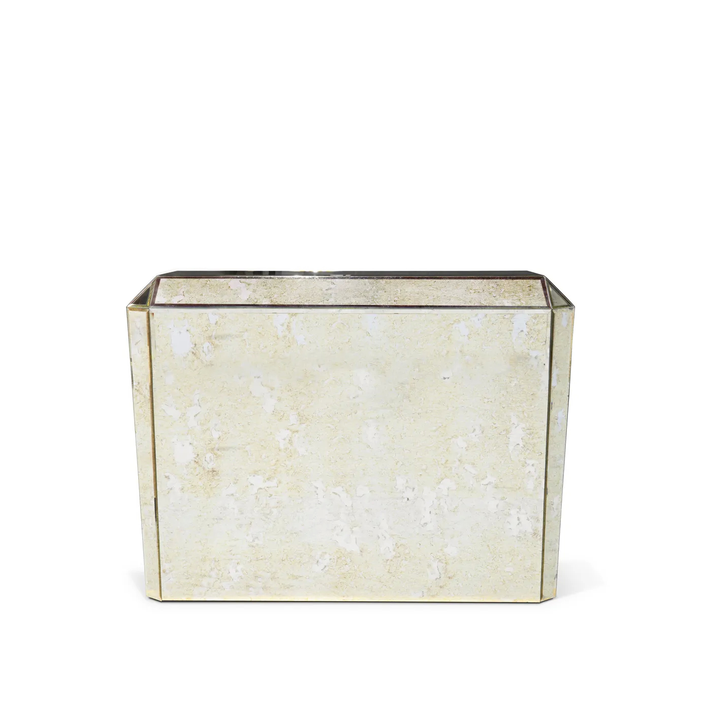 Back view of the Tamara Chest, a mirrored storage piece with an antique finish, highlighting its clean lines and geometric shape.