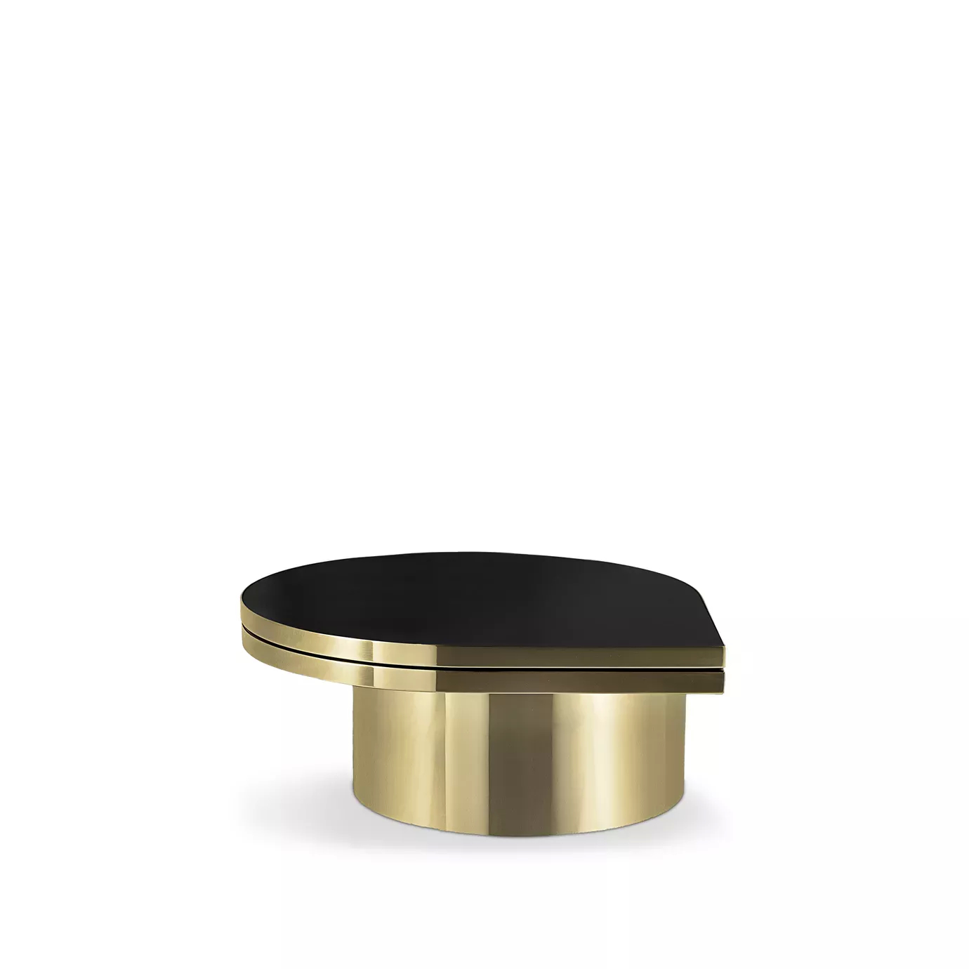 Elegant Tears coffee table in polished brass with an asymmetric black top.