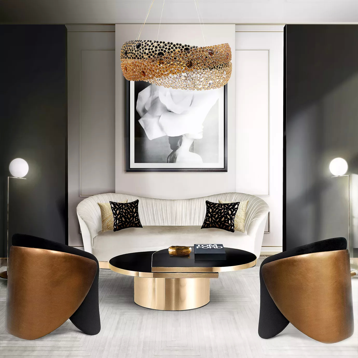 Elegant living room with white sofa, golden chairs, and Tears coffee table under a Tempo gold chandelier.