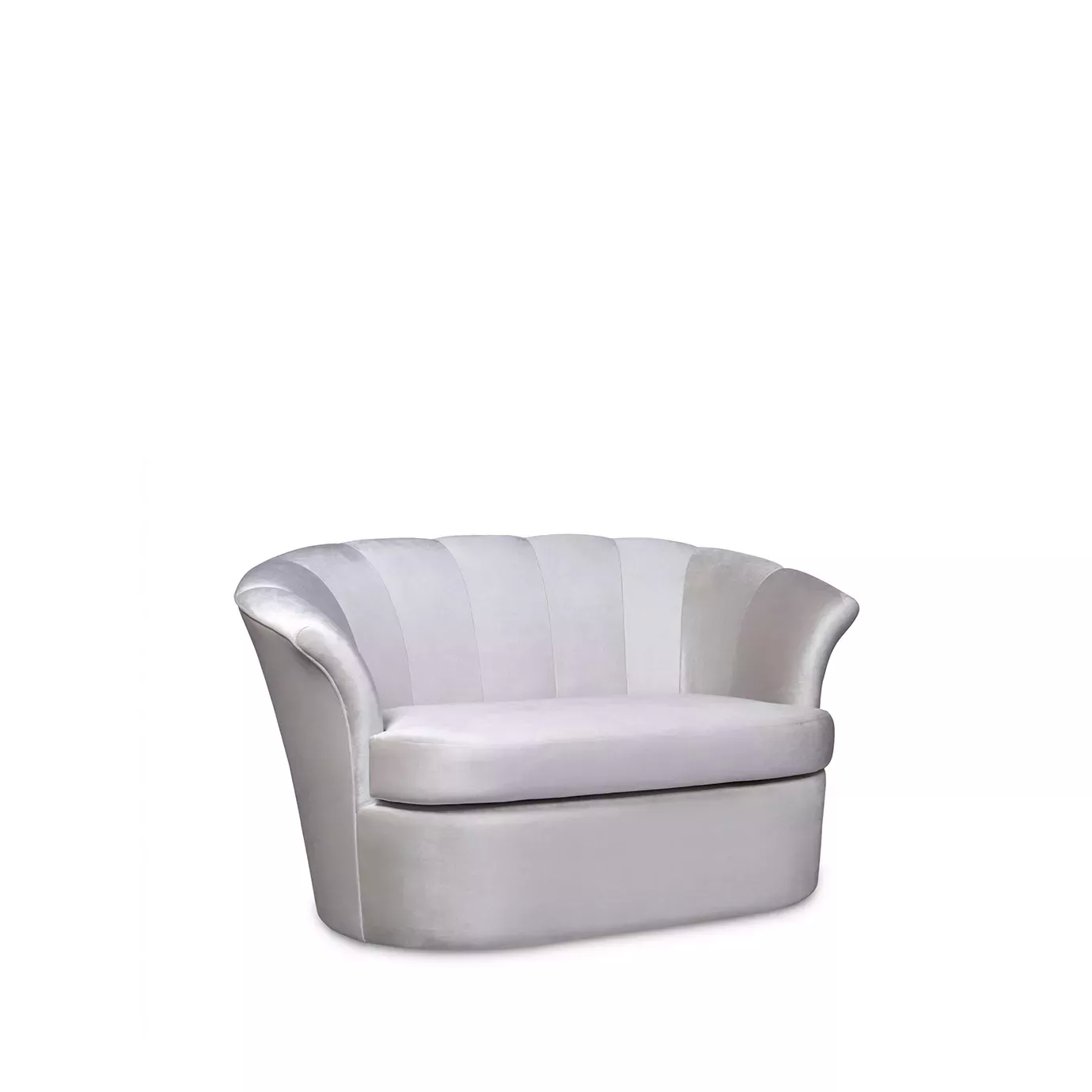 Elegant, curved white velvet Cocktail Armchair viewed at a 45-degree angle. This sofa showcases a stylish, shell-like back and comfortable, plush seating.