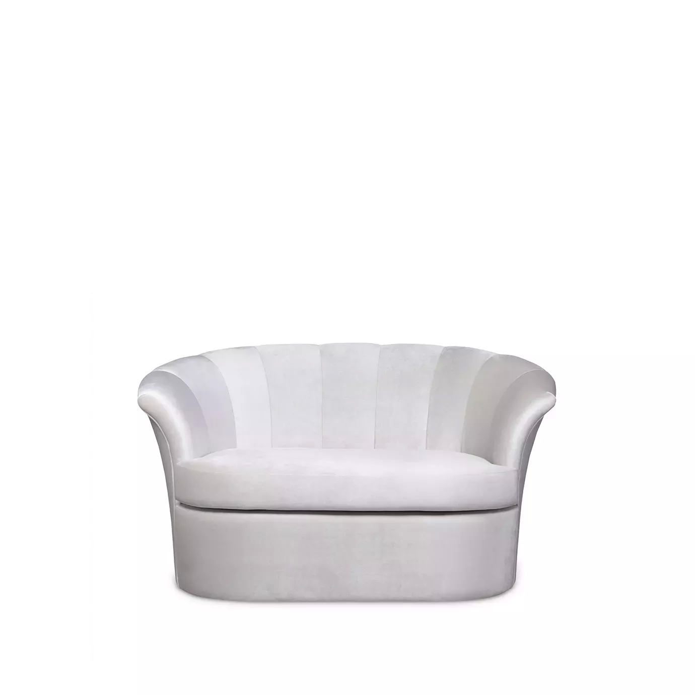 Front view of a stylish white velvet Cocktail Armchair featuring a distinctive, curved shell-like back and plush seating. Its design offers elegance and comfort.