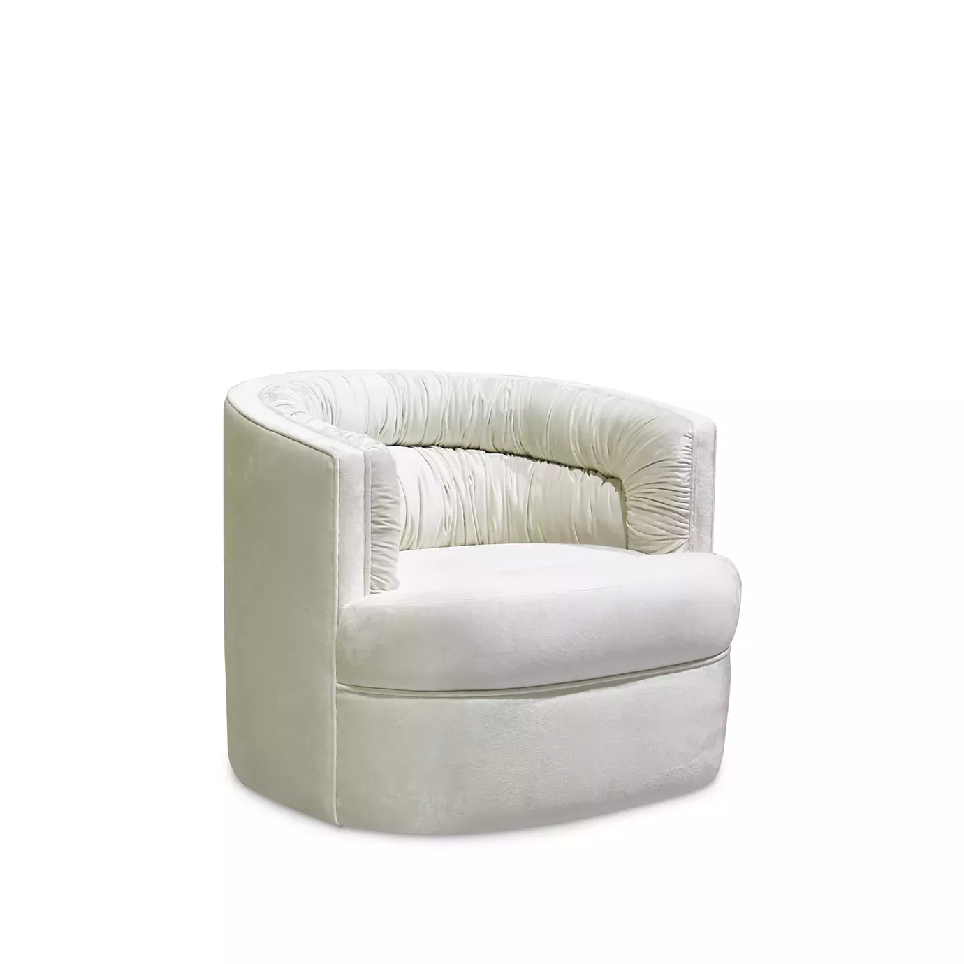 Elegant white Cocktail Armchair with unique ruched detailing, showcasing its sophisticated and compact design.
