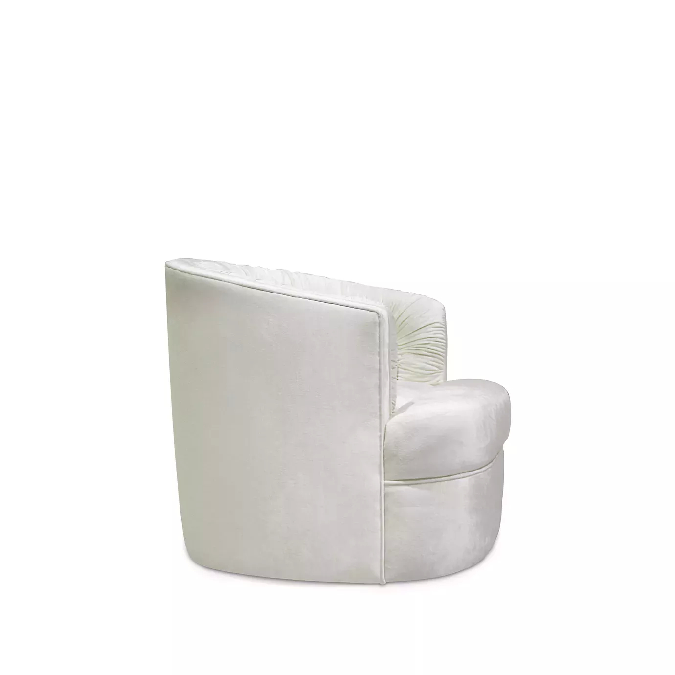 Side view of a white Cocktail Armchair, showcasing its elegant curves and compact design. The chair features soft velvet upholstery.