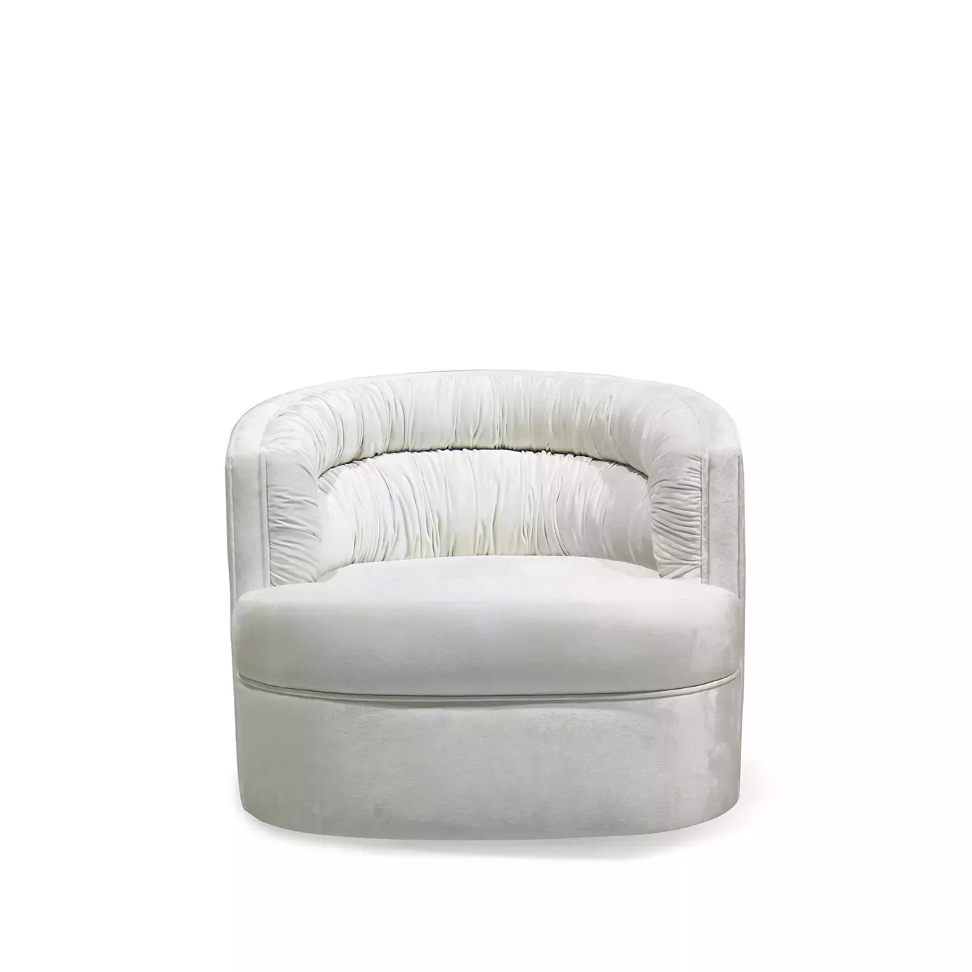 Stylish white velvet Cocktail Armchair, known for its compact size and elegant design. Perfect for smaller spaces.