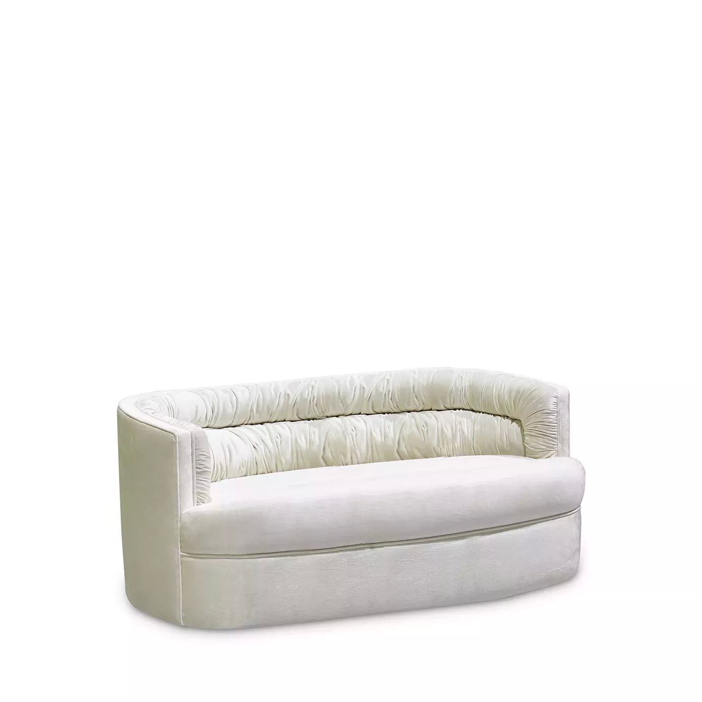 Cocktail Sofa, slightly angled: A small, white sofa with a curved back featuring a distinctive, ruched texture.
