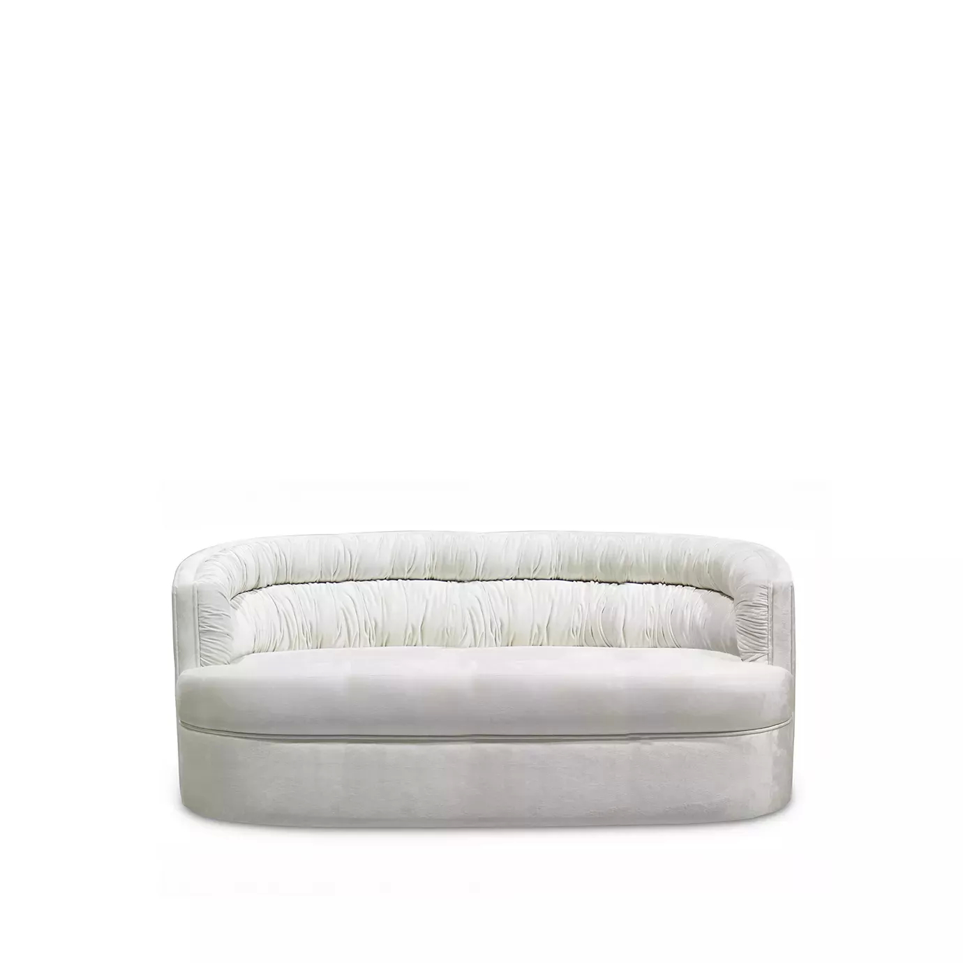 A small, white sofa with a curved back and a simple design, featuring a distinctive, ruched texture, known as the Cocktail Sofa.