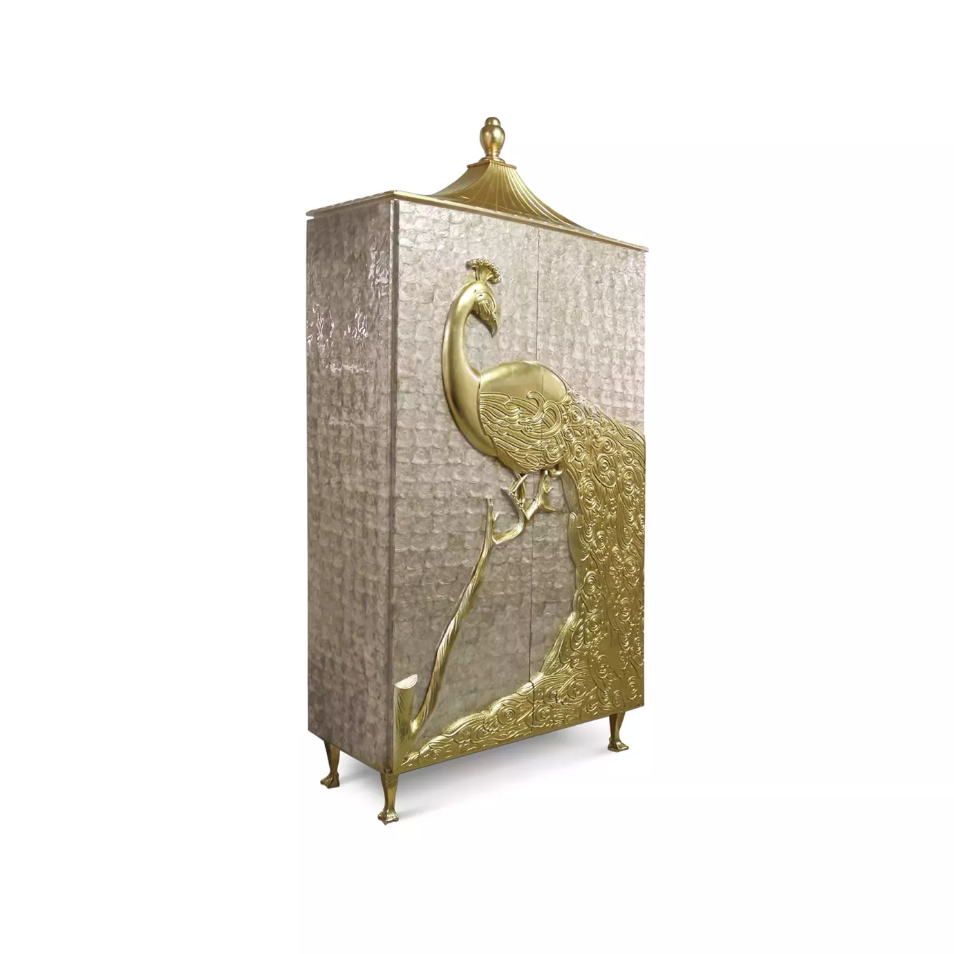 Perspective view of the elegant Camilia Mother of Pearl armoire with golden peacock detail