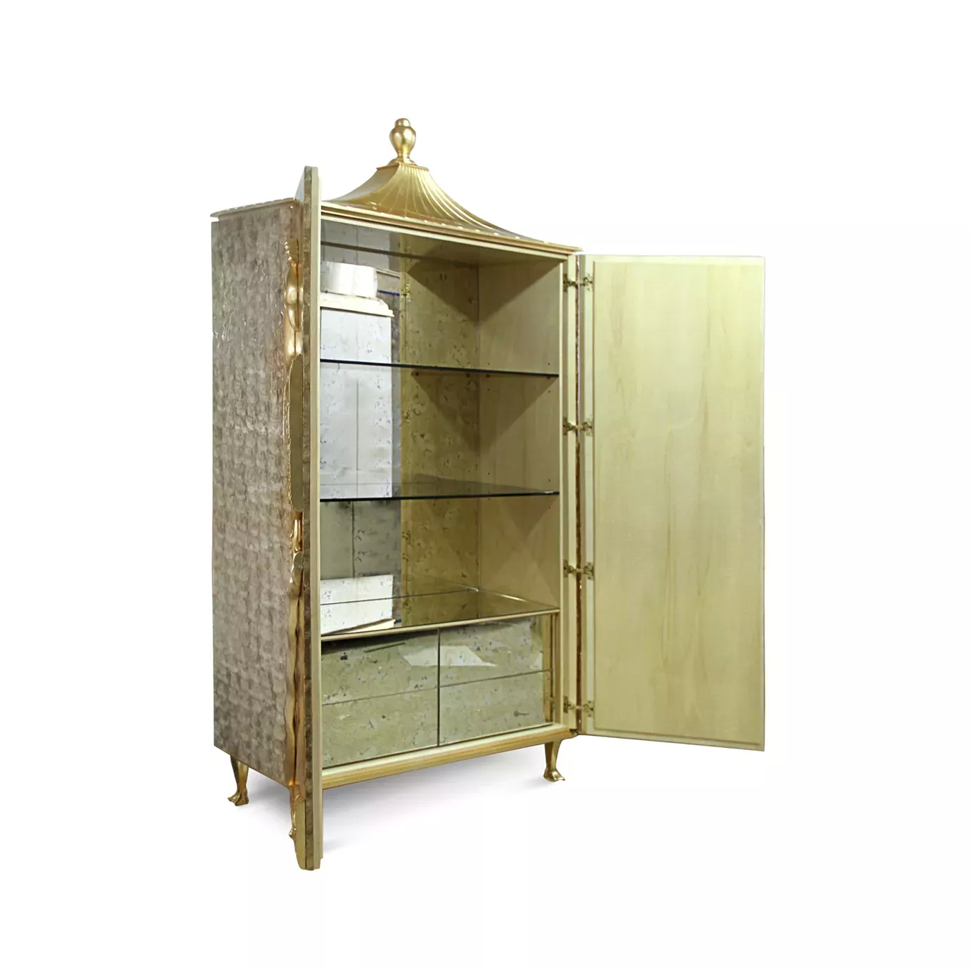 Detailed interior of the Camilia Mother of Pearl armoire with glass shelves.