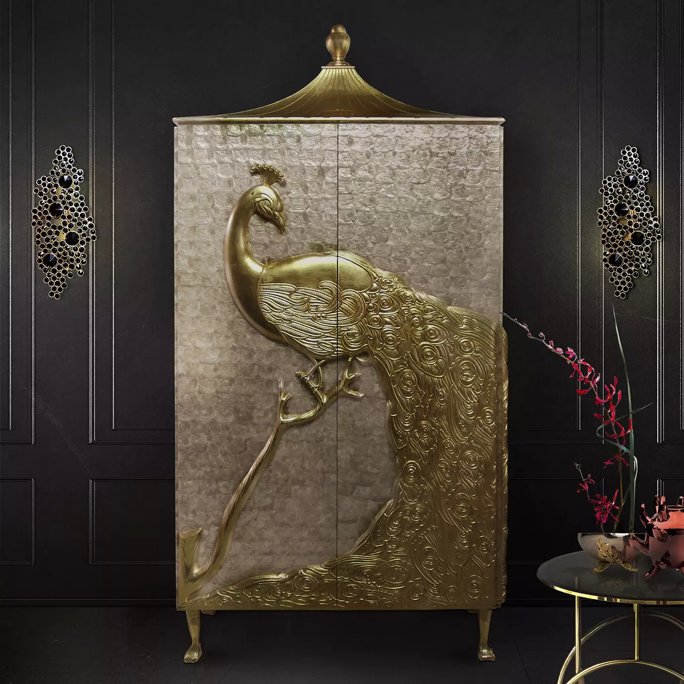 Elegant Camilia Mother of Pearl armoire with golden peacock in sophisticated interior.