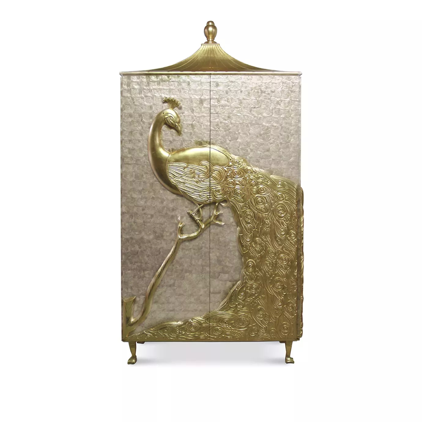 Camilia Mother of Pearl Armoire with elegant embossed golden peacock.