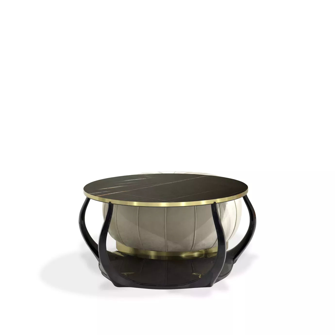 Elegant Embrace Cocktail Table with round Sahara Noir marble top, glossy black base, and integrated cream velvet pouf.
