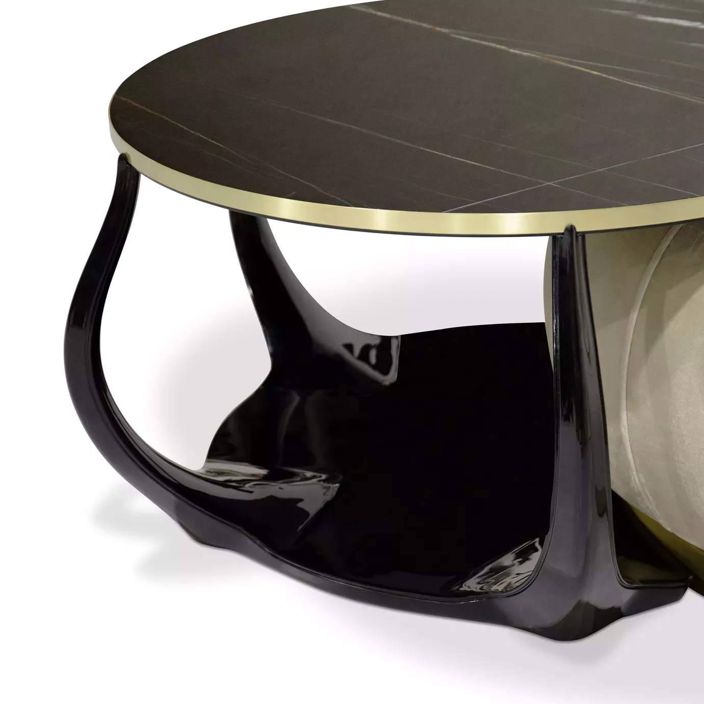 Elegant Embrace Cocktail Table with Sahara Noir marble top and black and gold base, with a sophisticated design.
