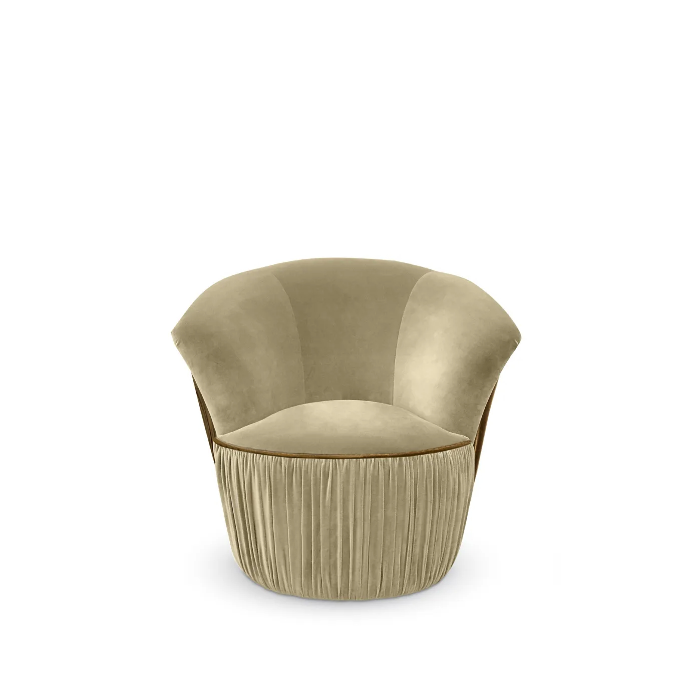 Countess Chair: An elegant, curved armchair in a soft beige velvet with a distinctive pleated skirt and wooden trim.